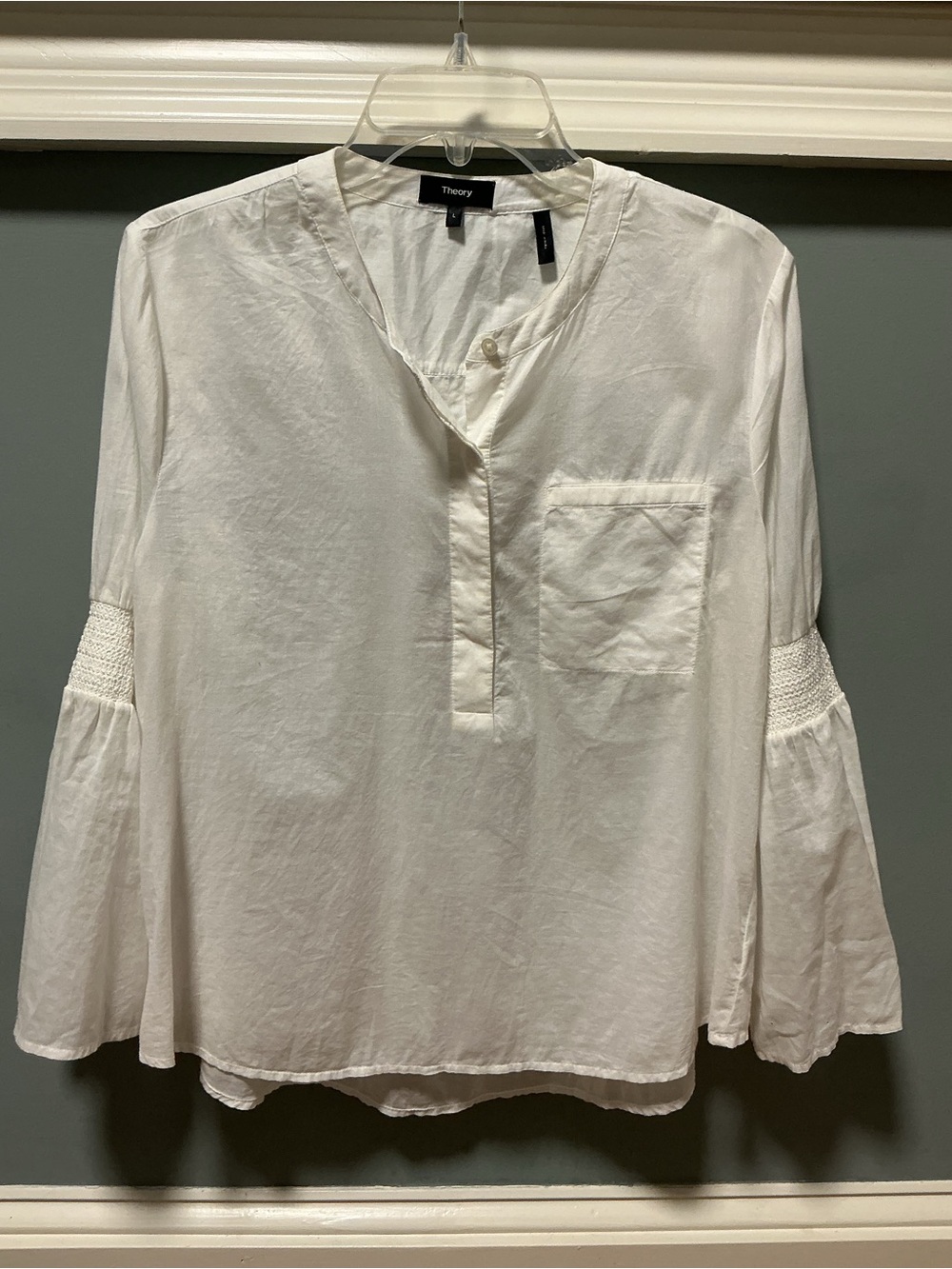 Theory Women’s L White Voile Cotton Blouse With Smocked Flare Sleeves